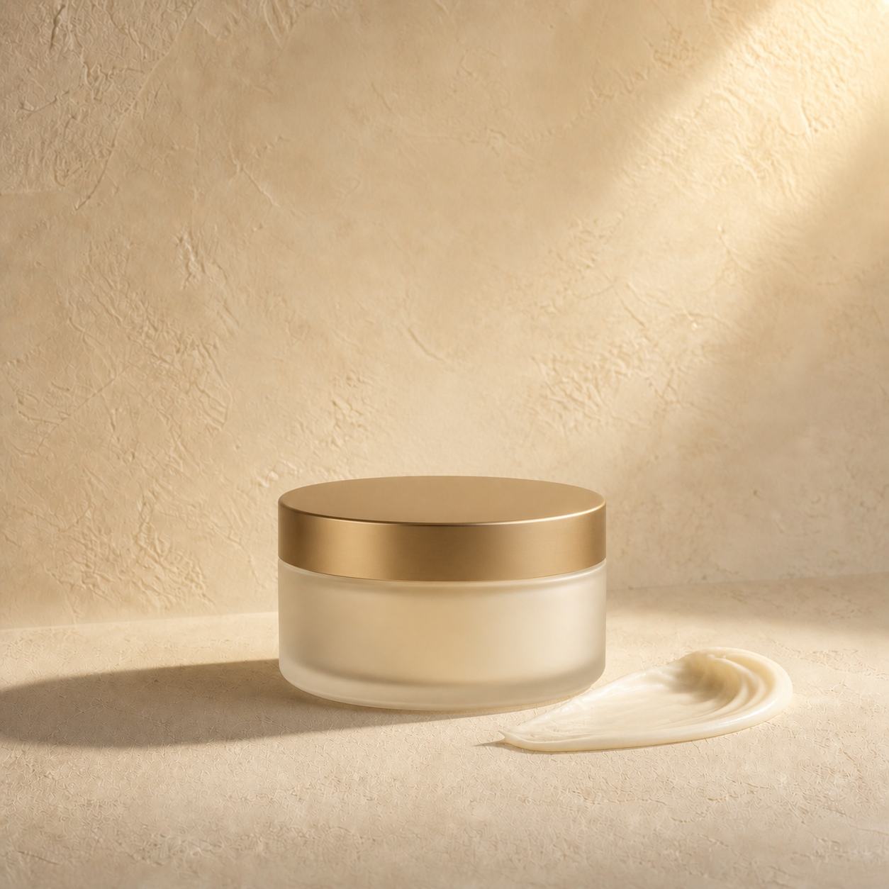 Frosted glass jar with a gold lid and a rich cream swatch on warm stone