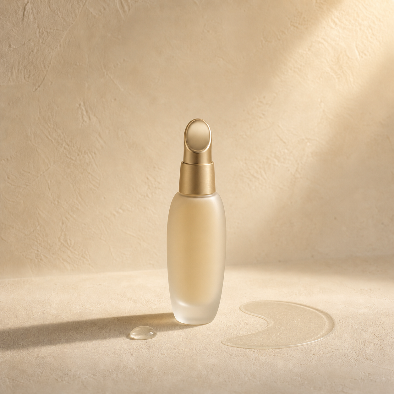 Pearl-white pump bottle with a clear gel swatch on warm stone