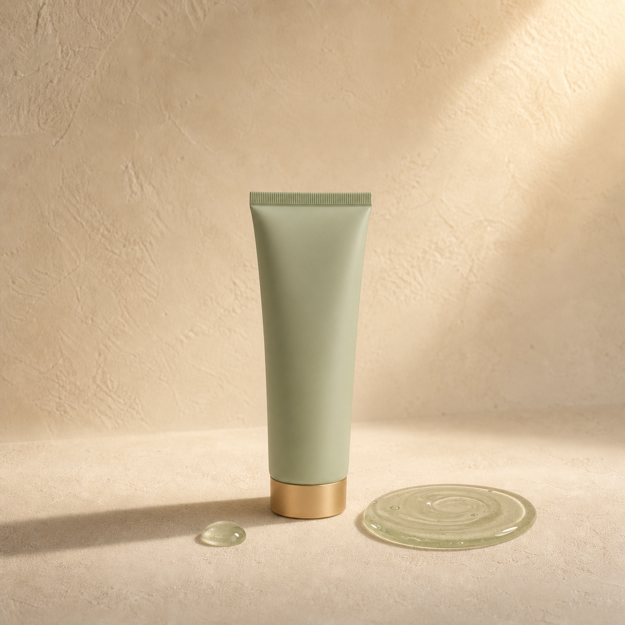 Sage green tube with a light gel swatch on warm stone