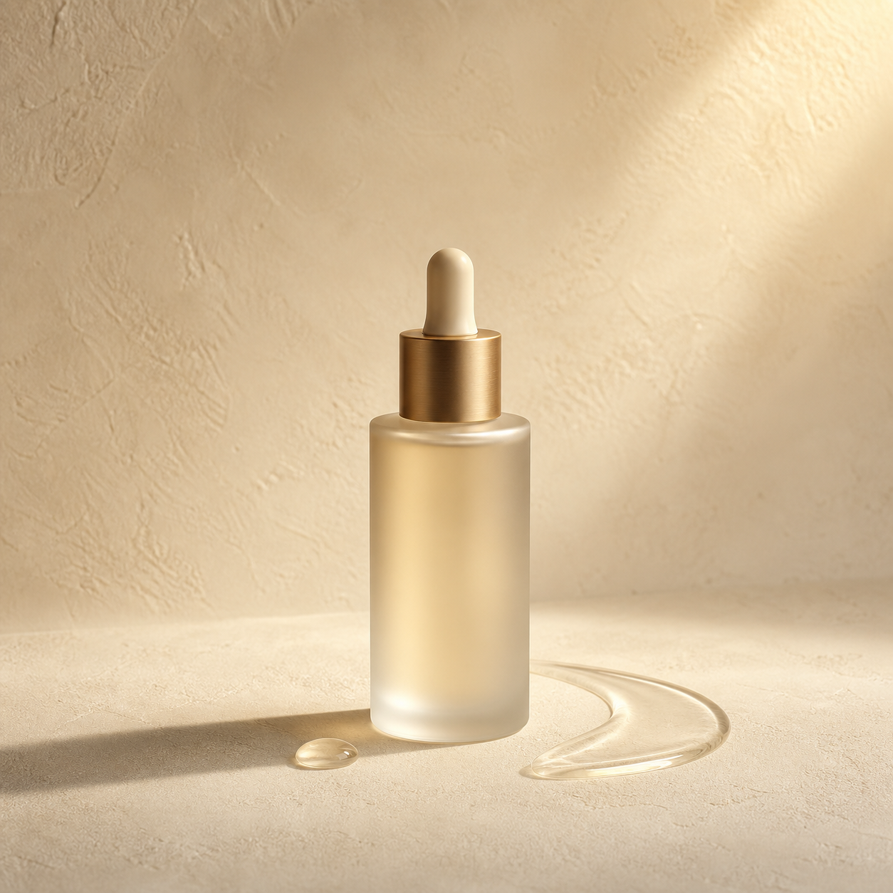 Frosted dropper bottle with a clear serum swatch on warm stone