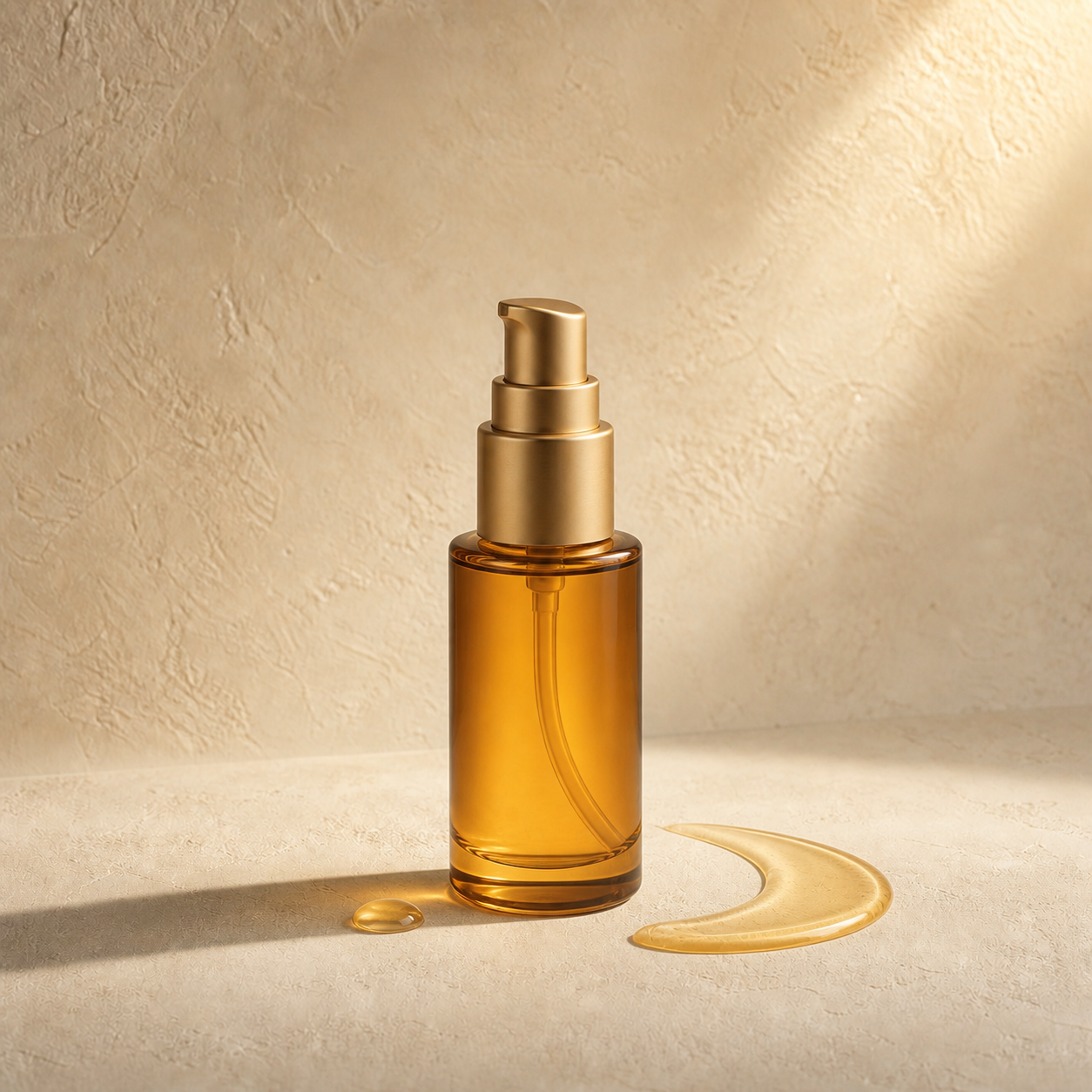 Amber glass pump bottle with a golden oil swatch on warm stone