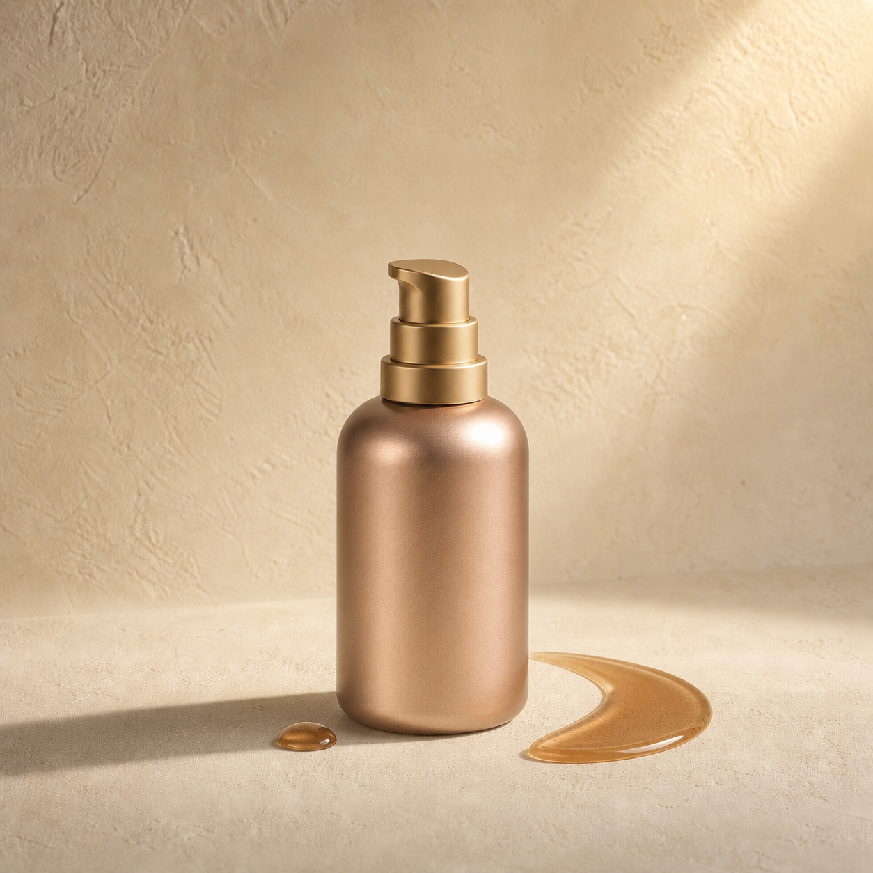 Rose gold pump bottle with a bronze tanning swatch on warm stone