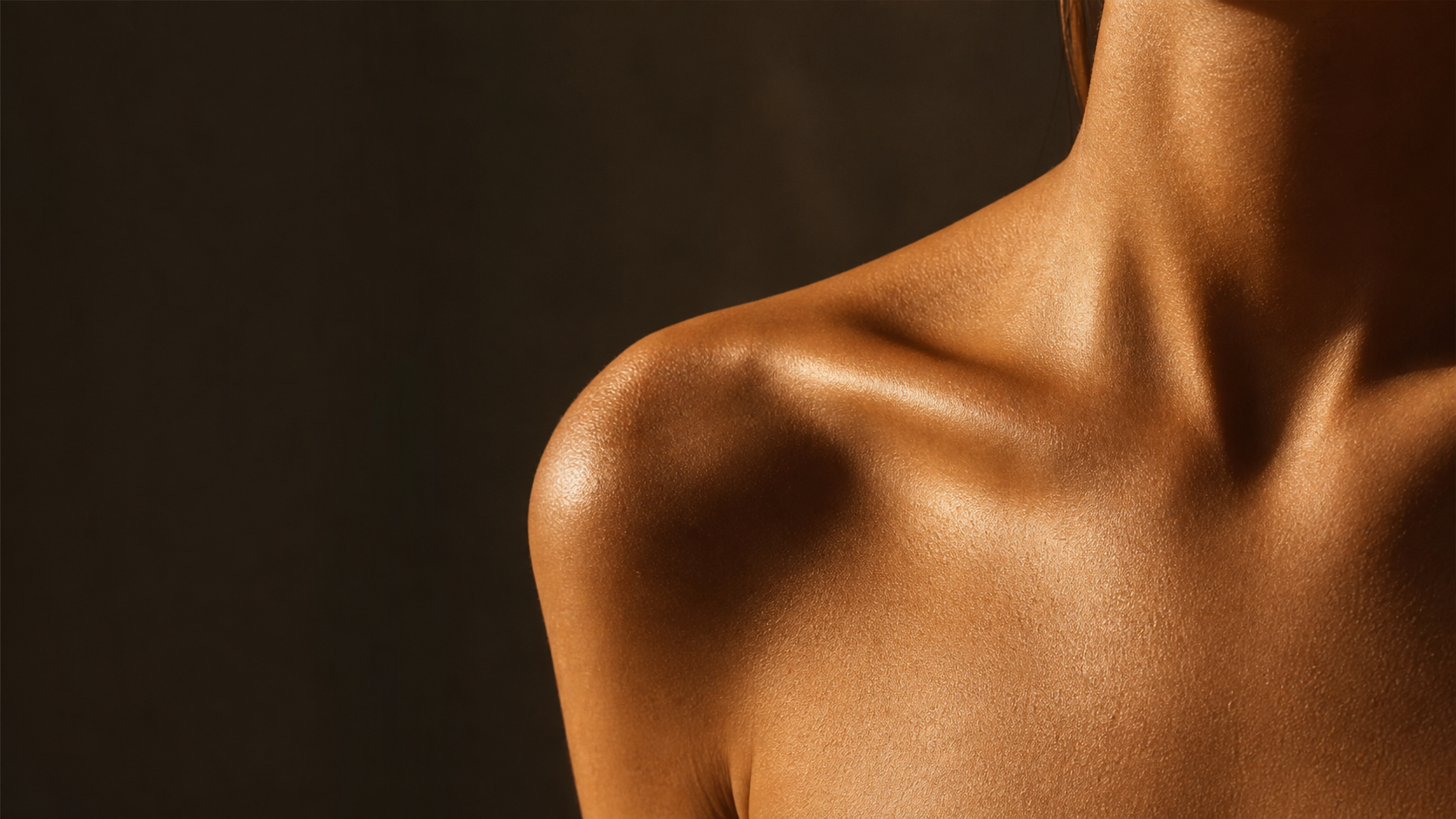 Sun-kissed bronzed shoulder and collarbone against a dark background